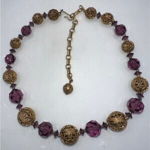 1950s vintage purple glass beads gold tone filigree graduated necklace